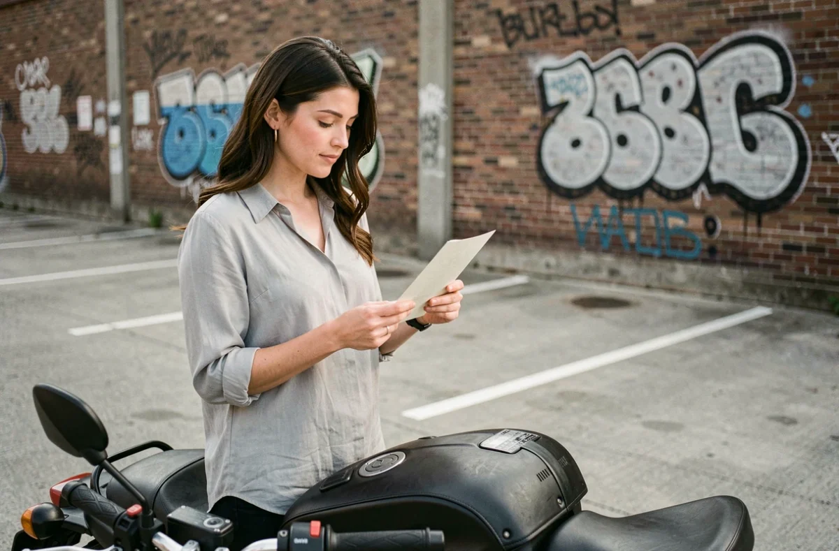 Femme lisant une lettre de résiliation d'assurance à côté de sa moto