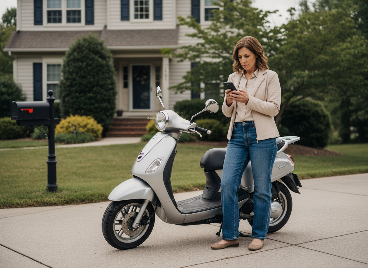 Femme avec scooter et smartphone dans la rue résidentielle