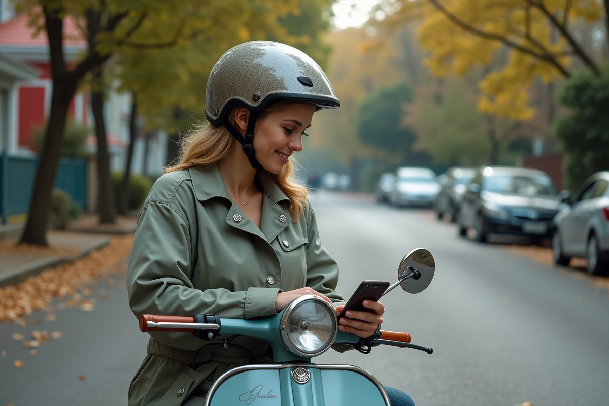 Femme de 20 ans assise sur un scooter vintage dans une rue calme