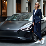 Femme souriante en tailleur navy et sneakers près d'une voiture Veigaro