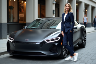 Femme souriante en tailleur navy et sneakers près d'une voiture Veigaro
