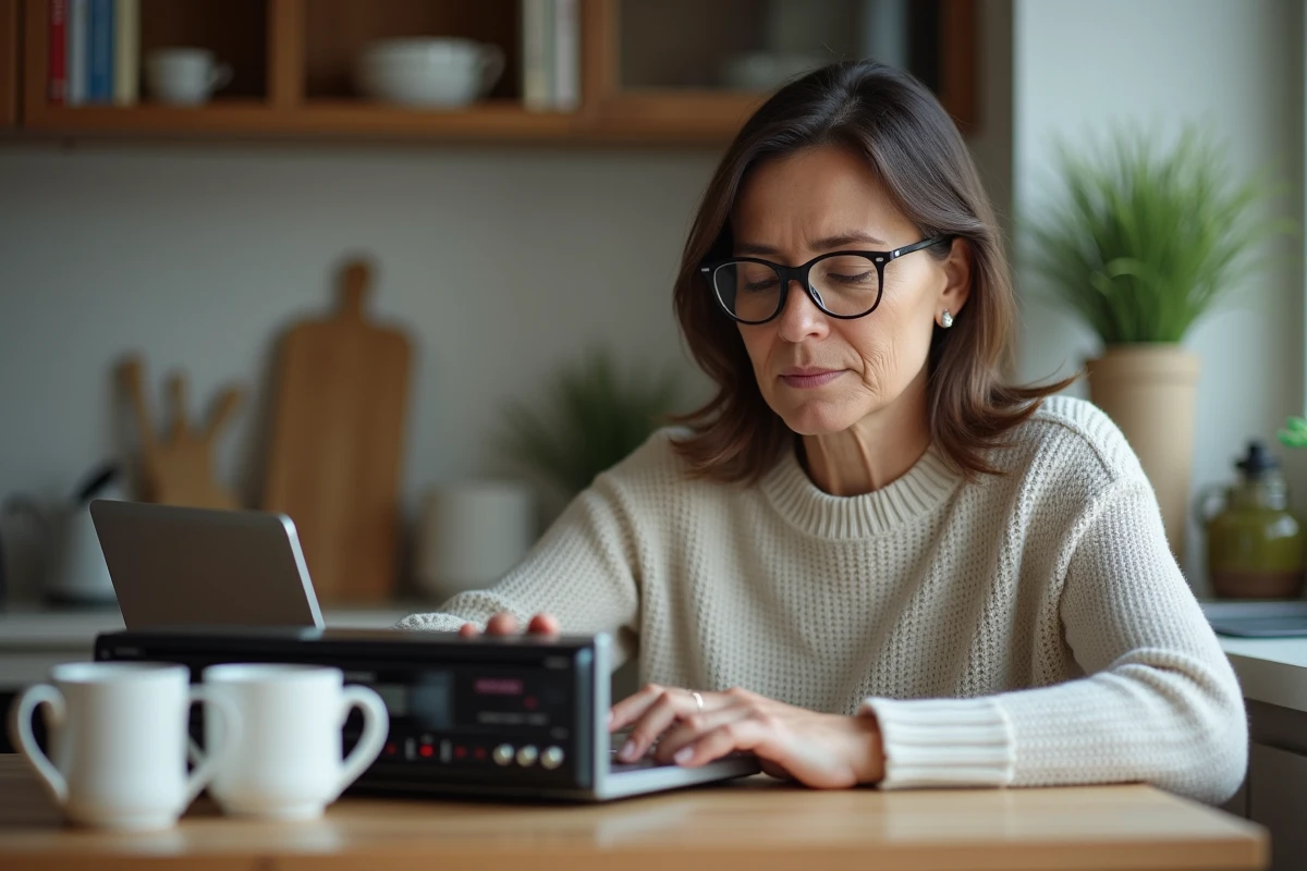 Femme vérifiant le serial du stereo dans sa cuisine
