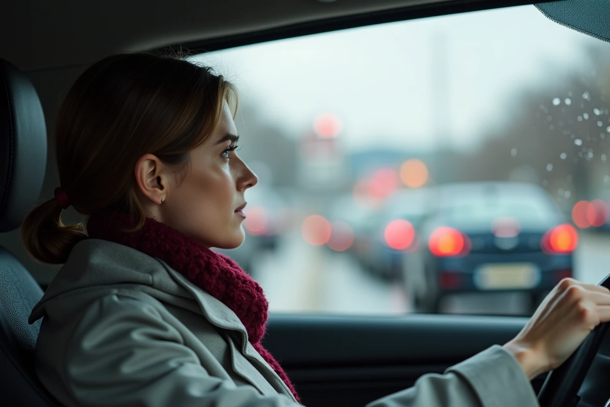Jeune femme dans sa voiture au stop sur la Route de Thonon