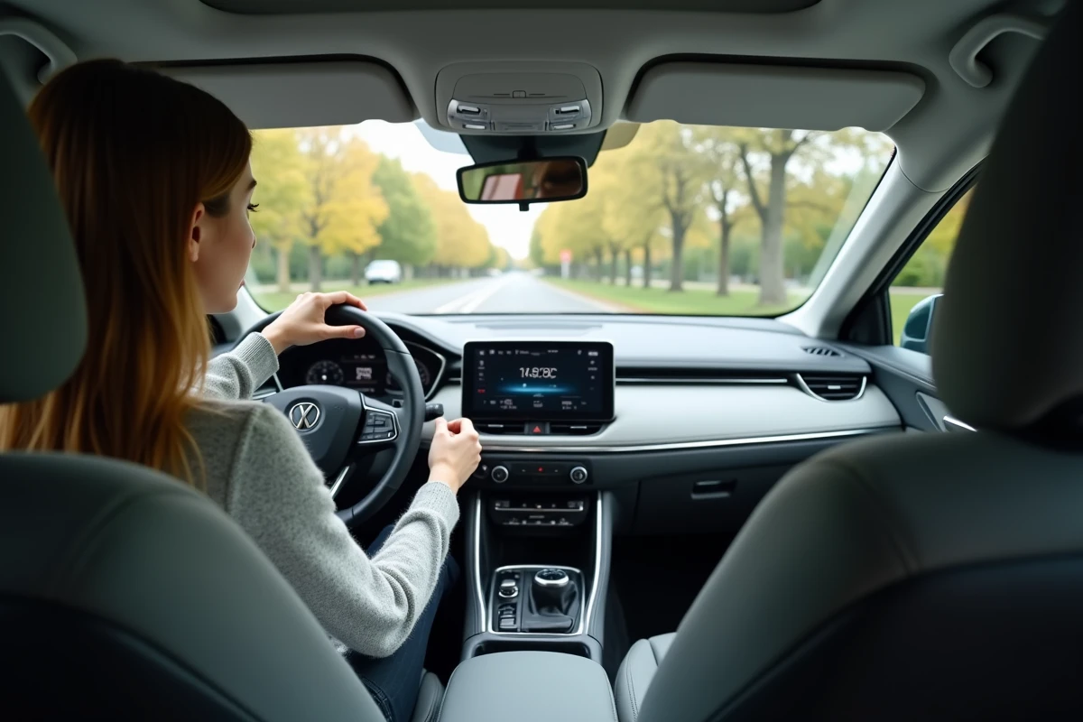Jeune femme inspecte le tableau de bord de sa voiture