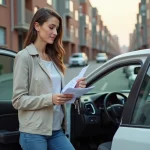 Femme avec clés et documents d'assurance voiture