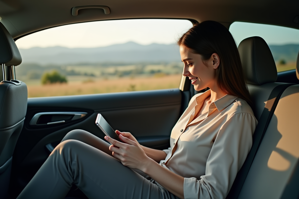 Jeune femme dans une voiture au repos avec vue campagne