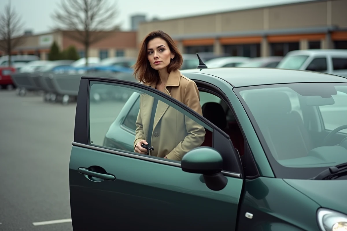 Femme appuyée contre une voiture discrète dans un parking français, réflexion sur l'achat automobile