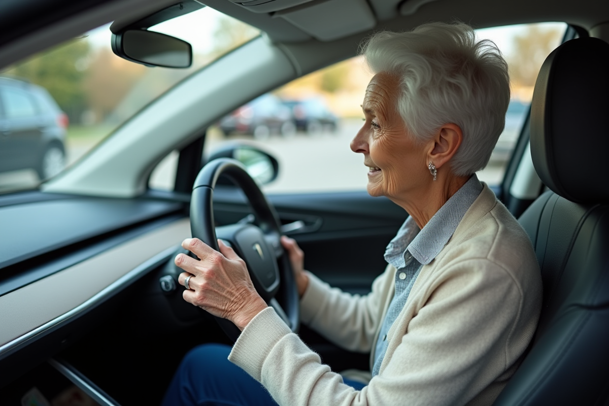 Femme âgée regardant le tableau de bord d