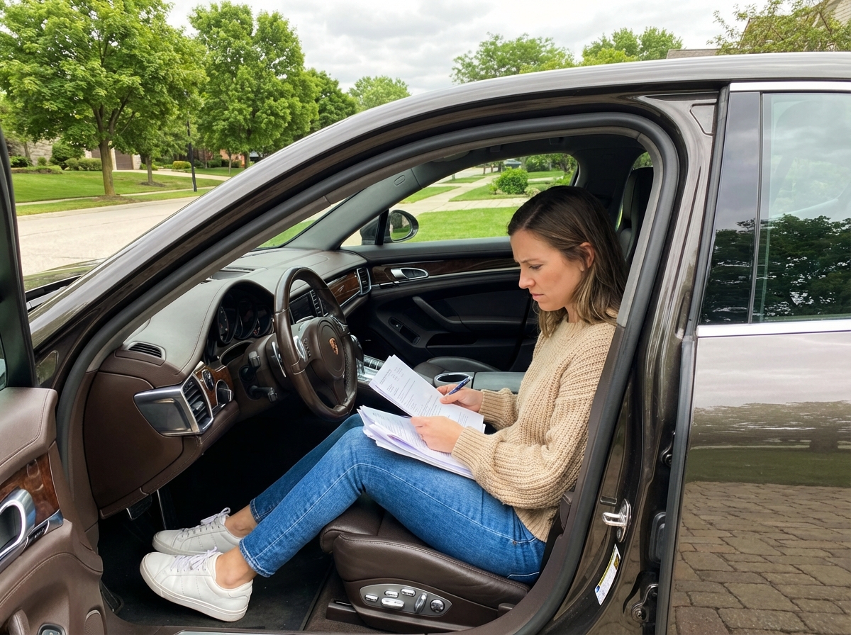 Jeune femme examinant documents dans Porsche en banlieue
