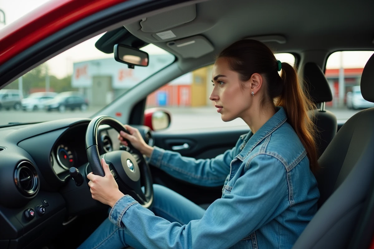 Jeune femme dans une voiture au station service urbaine