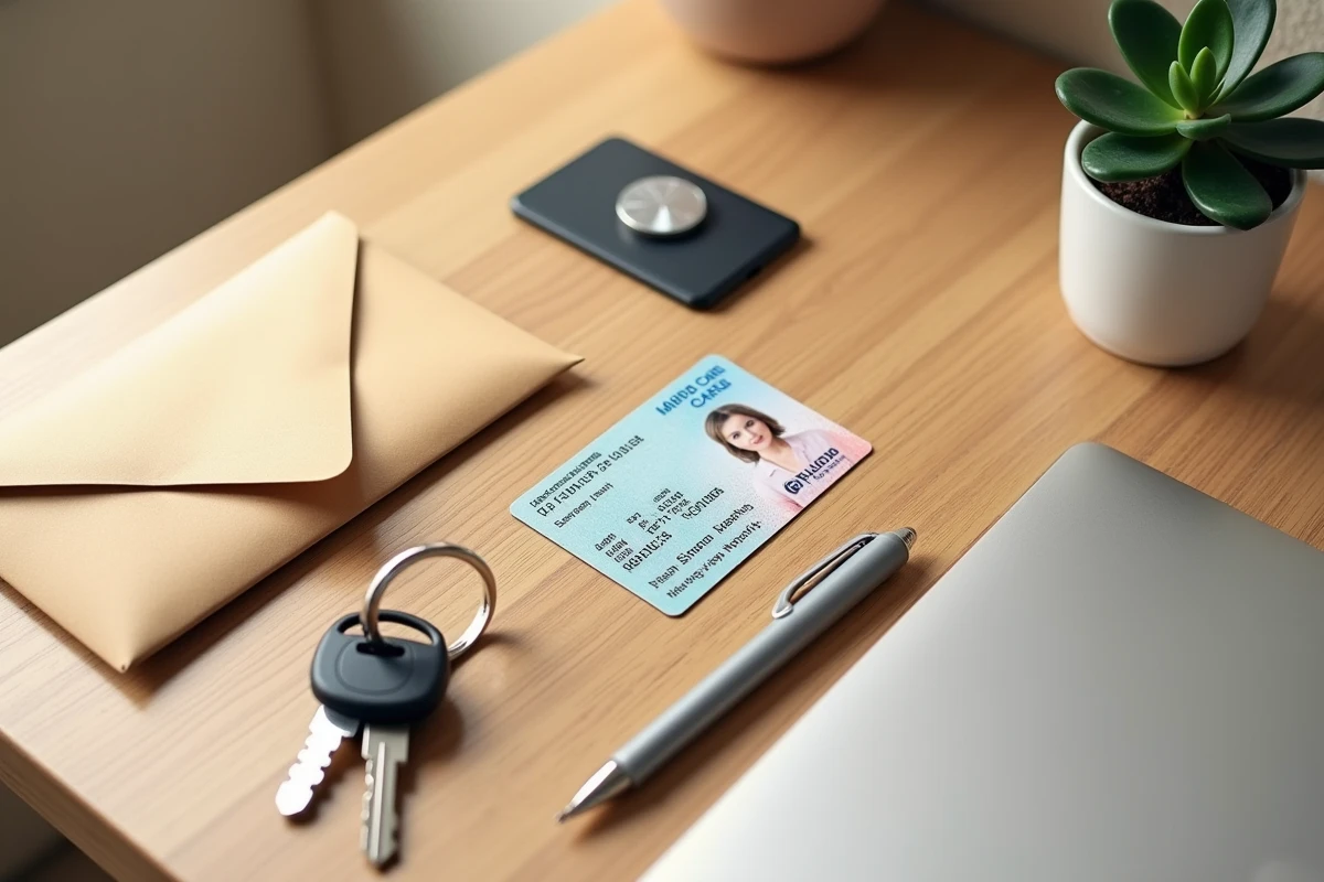 Flat lay d'un permis de conduire, d'une carte cadeau et de clés de voiture sur un bureau en bois clair pour illustrer les idées de cadeaux de réussite