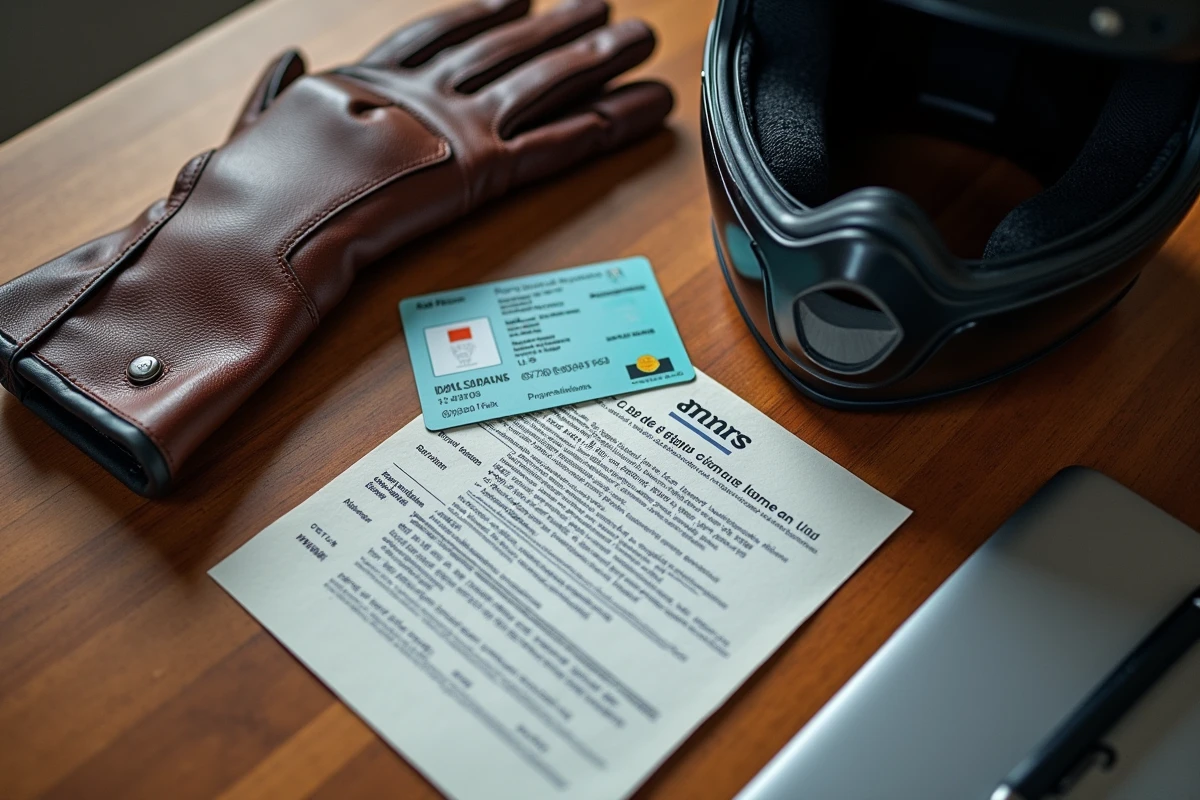 Flat-lay d'un permis de conduire français avec mentions A1 A2 et B, casque moto et gants sur bureau en bois, pour article sur le permis scooter 3 roues