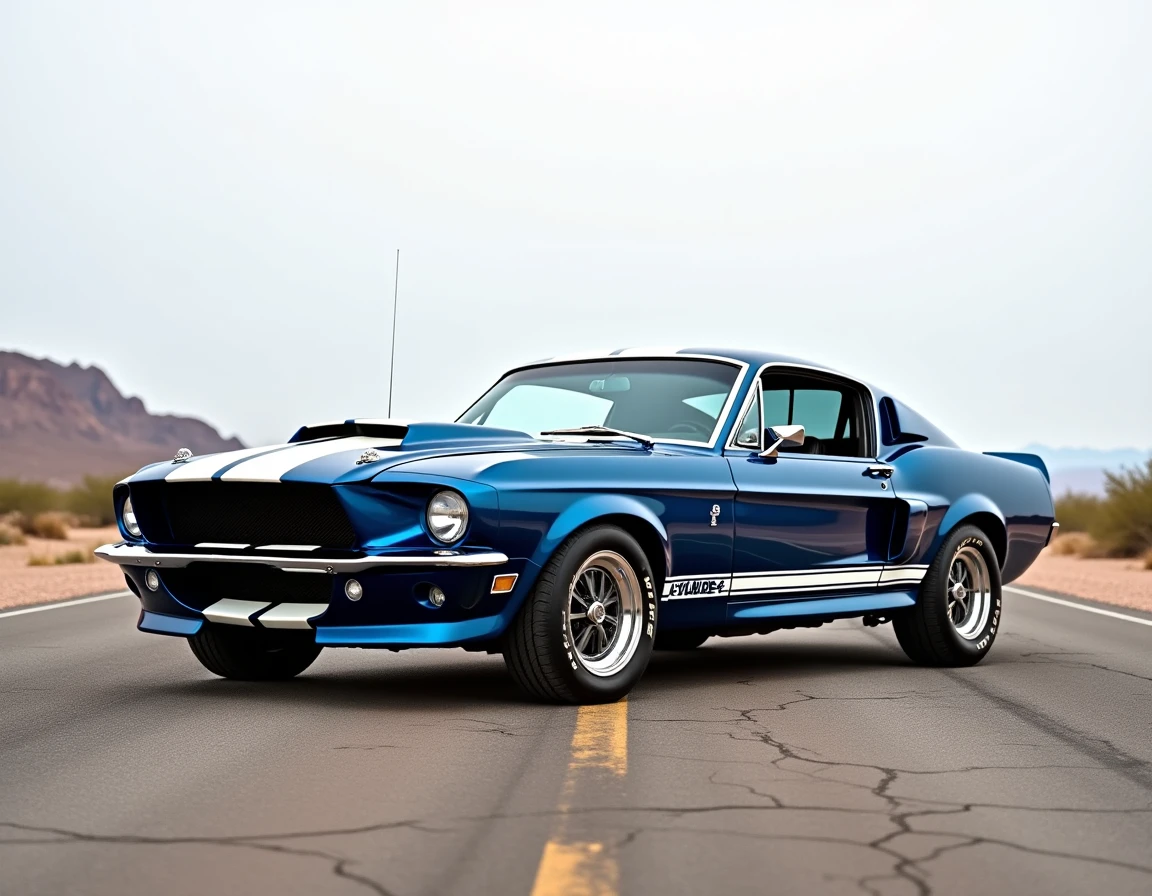 Ford Mustang Shelby GT500 édition spéciale profil complet sur route désertique américaine avec logo et bandes racing