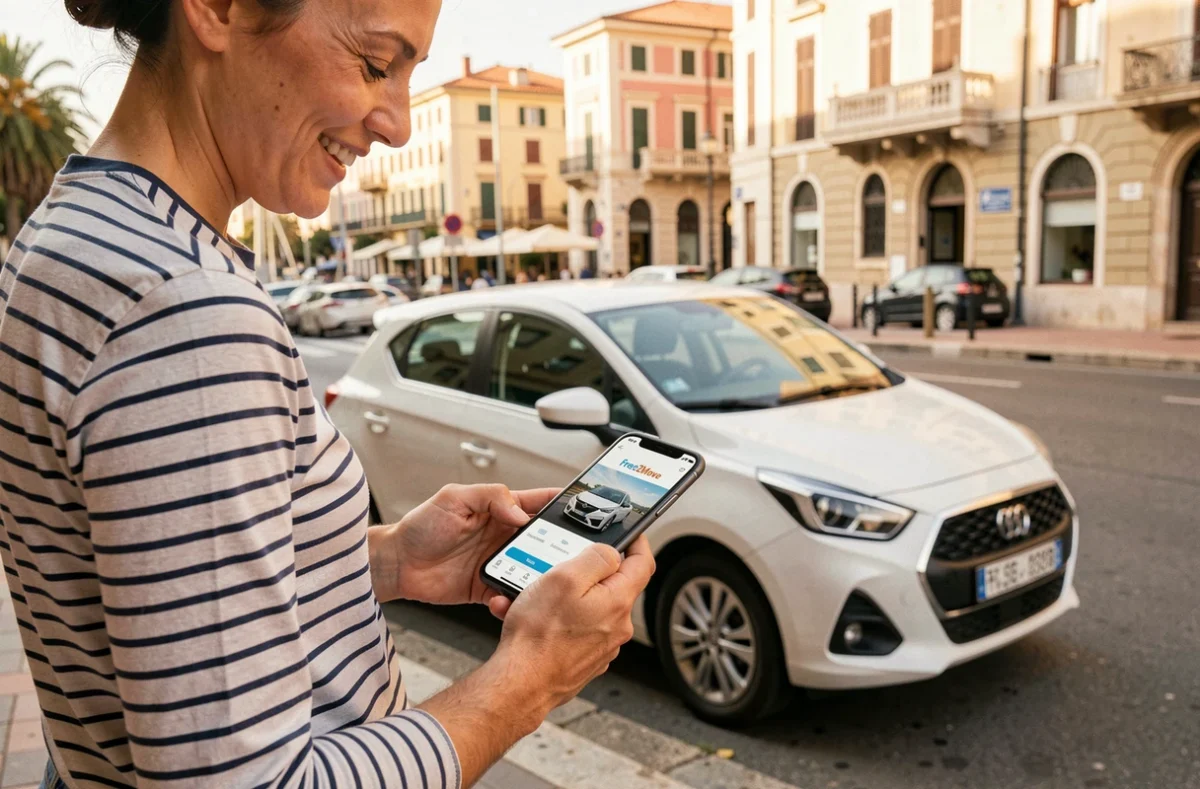 Utilisateur déverrouillant une voiture Free2Move via l'application mobile dans une rue de Marseille