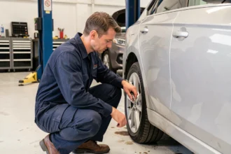 Mécanicien professionnel inspectant une voiture dans un garage automobile en Saône-et-Loire
