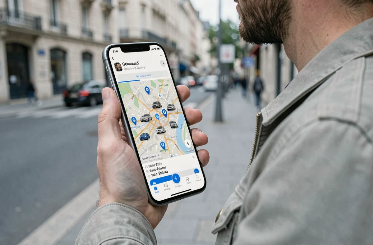 Personne tenant un smartphone affichant l'application Getaround avec une carte des voitures disponibles dans la Loire