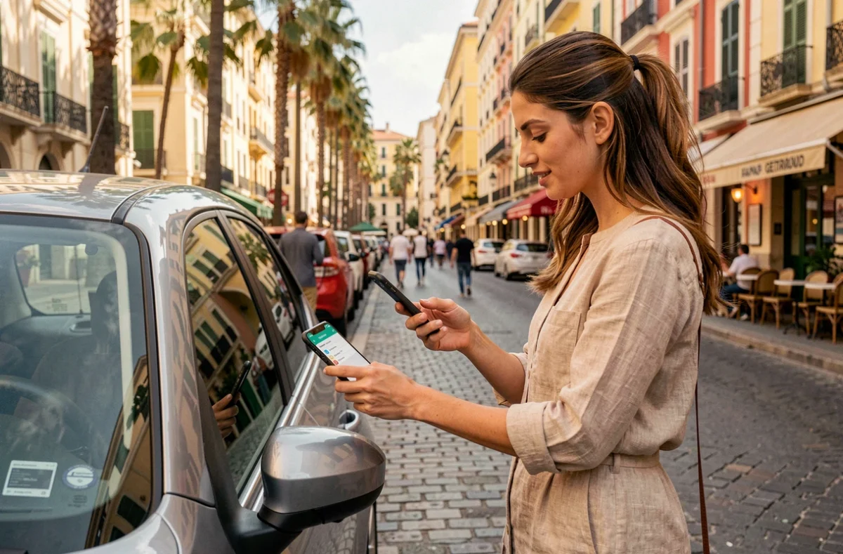 Jeune femme déverrouillant une voiture Getaround avec son smartphone dans une rue animée de Marseille avec des palmiers en arrière-plan