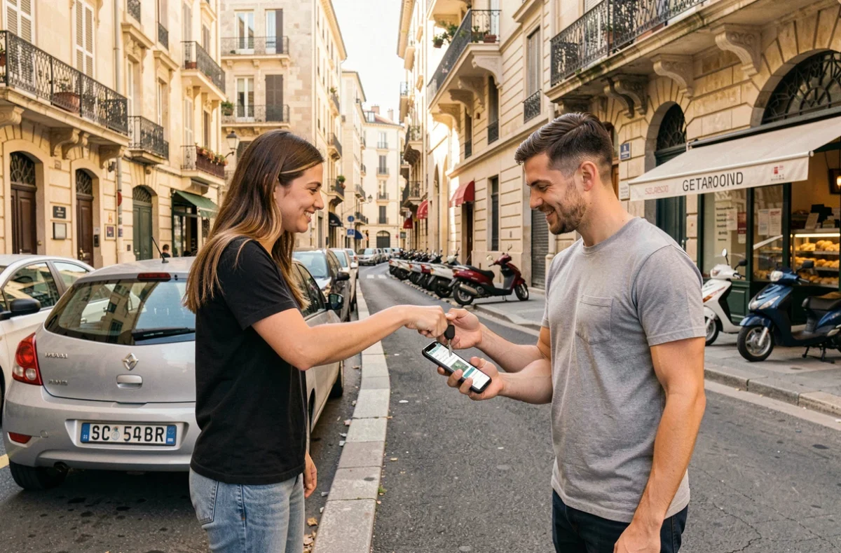 Échange de clés entre particuliers via Getaround dans une rue résidentielle de Marseille avec l'application visible sur smartphone