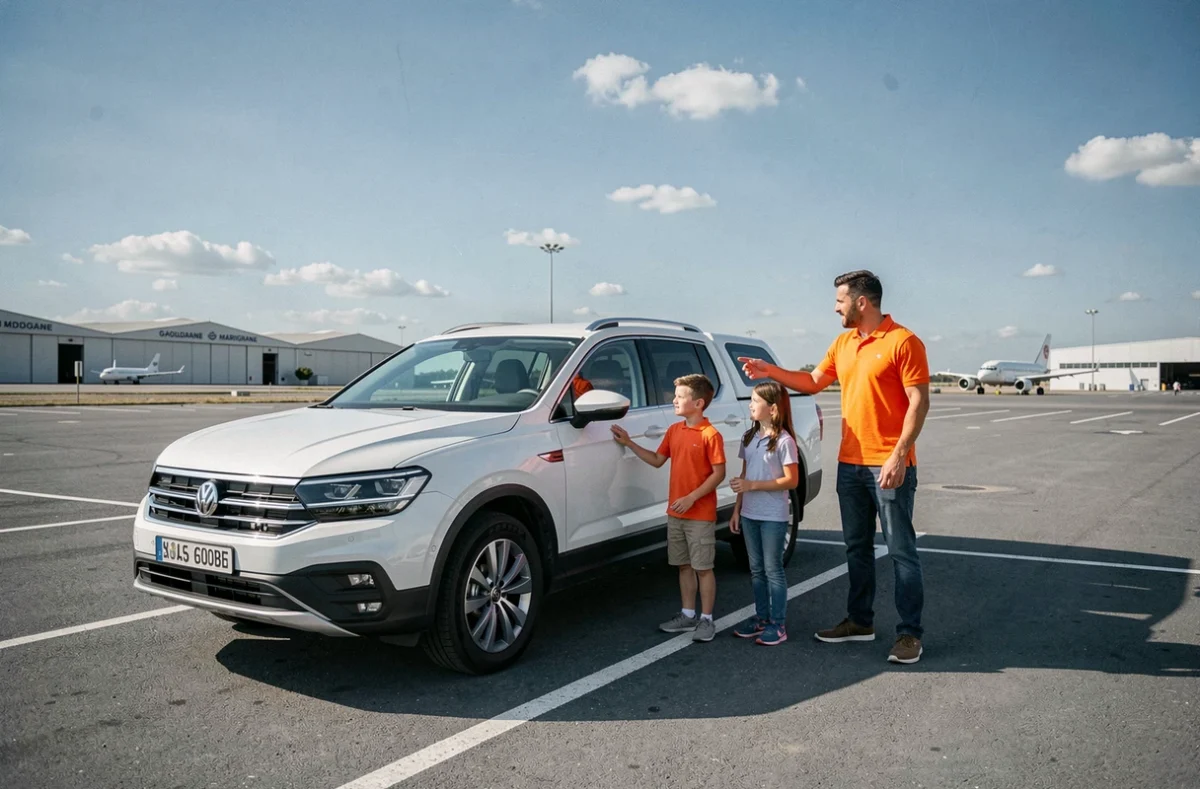 Agent Goldcar en polo orange guidant une famille vers un SUV blanc sur le parking de l'agence de Marignane