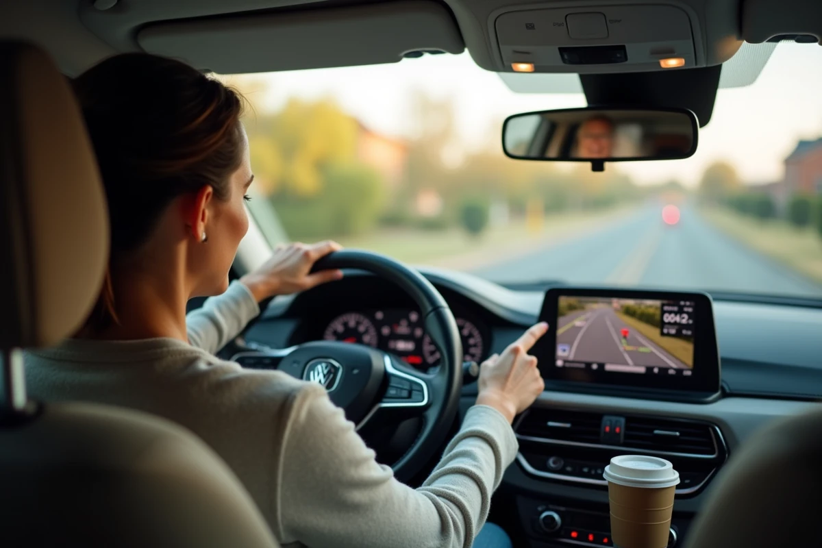 Femme utilisant le GPS de sa voiture pour localiser la station-service la moins chère sur son trajet