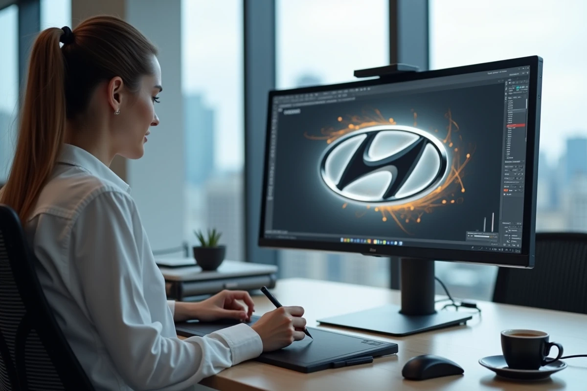 Graphiste utilisant une tablette graphique pour redessiner le logo Hyundai en vectoriel sur ordinateur dans un bureau moderne