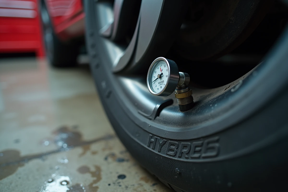 Gros plan d'un manomètre sur la valve d'un pneu de Toyota Yaris Hybride montrant la pression mesurée