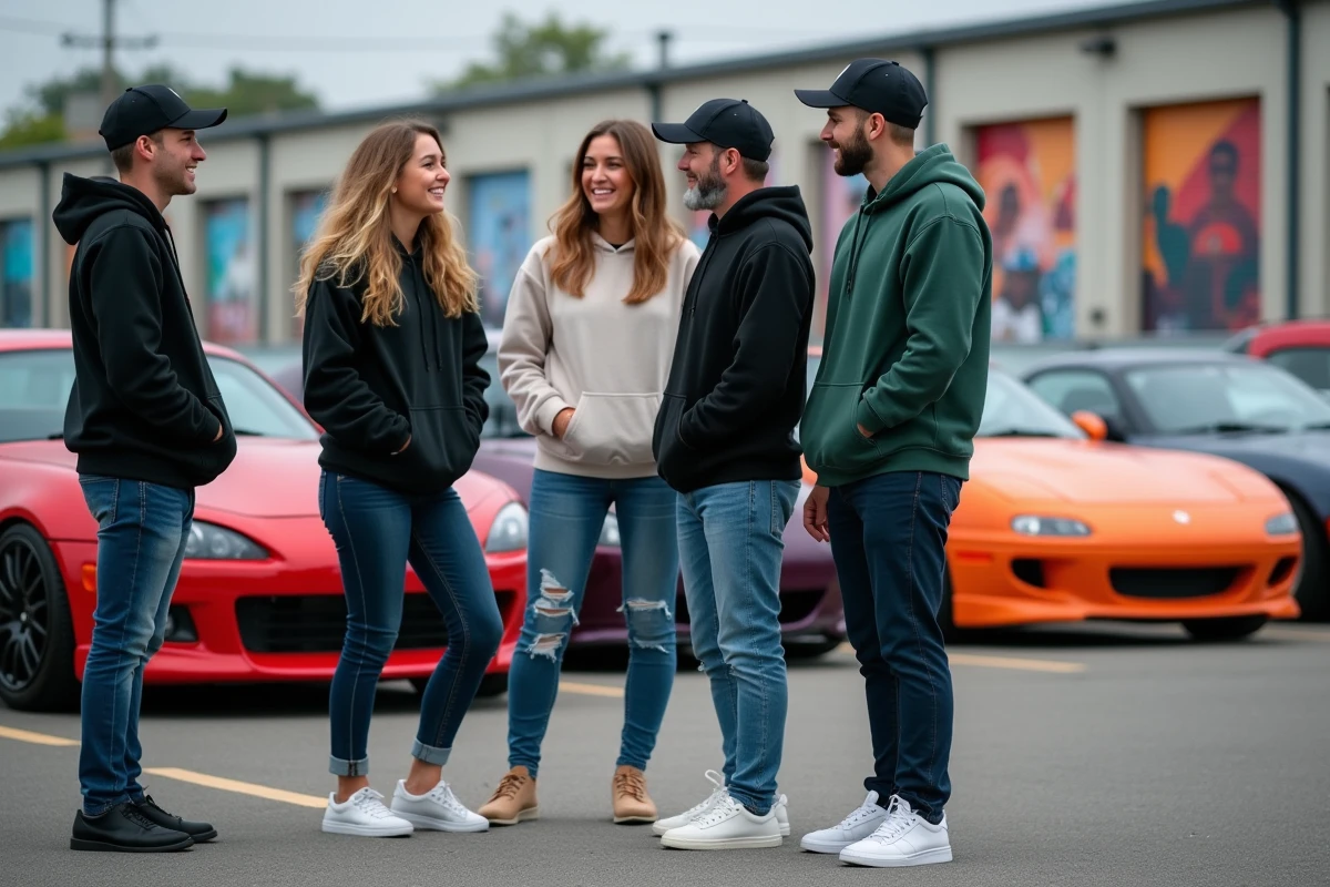 Groupe d'amis passionnés de voitures réunis lors d'un rassemblement automobile urbain le week-end