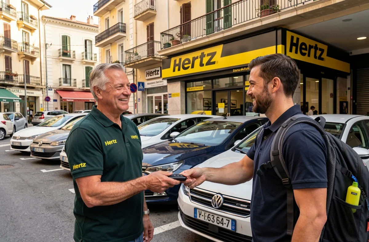 Agence Hertz à Marseille reconnaissable à son enseigne jaune et noire avec des véhicules disponibles à la location