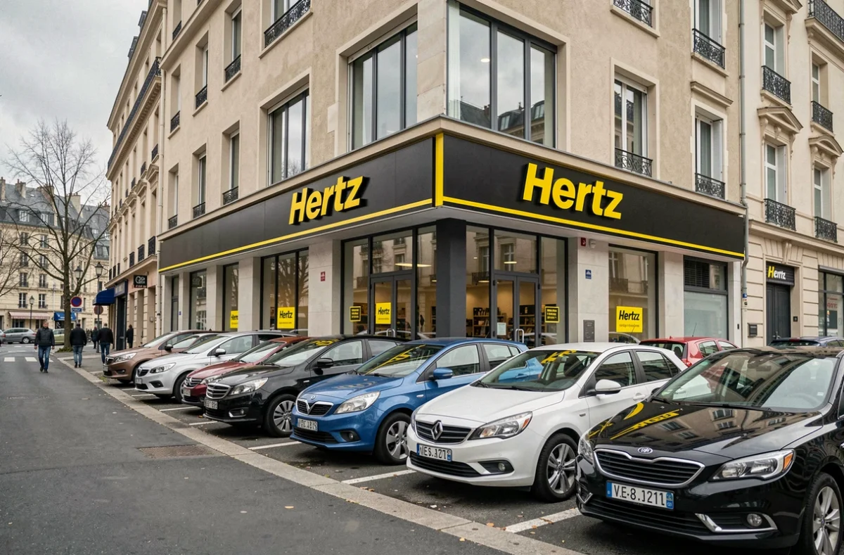 Devanture de l'agence Hertz à Saint-Étienne avec enseigne jaune et noire et voitures de location garées devant