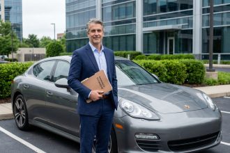 Homme d'affaires confiant avec Porsche Panamera en ville