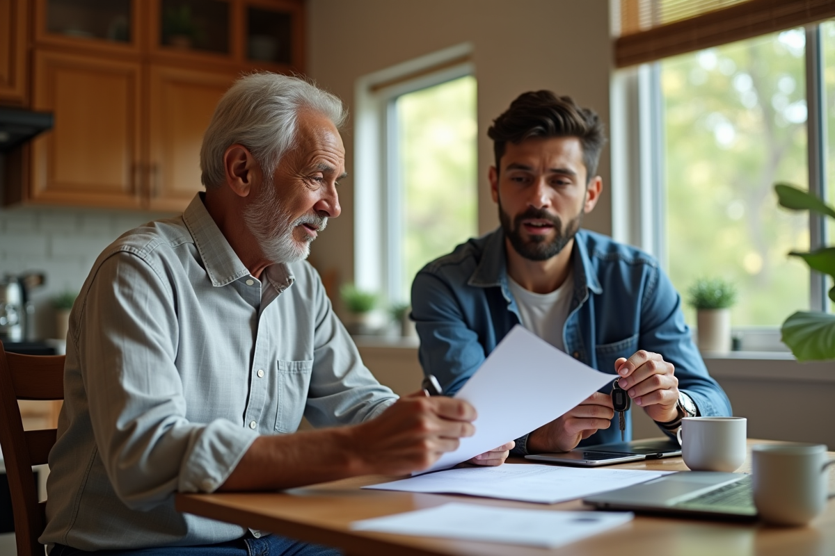 Homme africain et jeune homme avec papiers de voiture à la maison