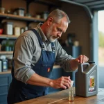 Homme en overalls versant de l'huile dans un garage lumineux