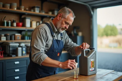 Homme en overalls versant de l'huile dans un garage lumineux