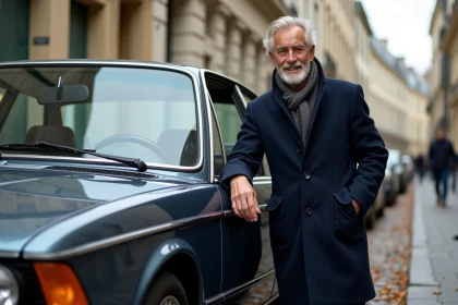 Homme dans la cinquantaine près d'une BMW des années 90