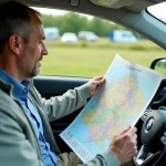 Homme dans une voiture étudiant une carte routière de France