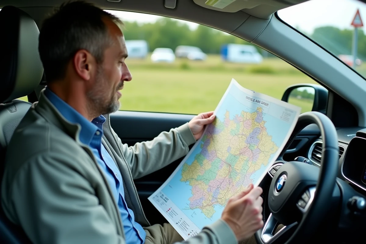 Homme dans une voiture étudiant une carte routière de France