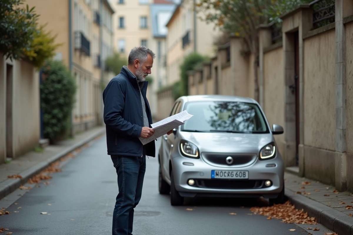 Homme consultant un plan de stationnement dans une rue résidentielle de Versailles pour trouver un parking gratuit