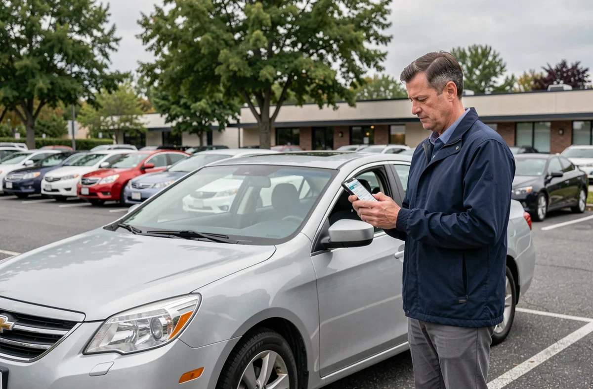 Homme comparant des offres d'assurance auto sur smartphone devant sa voiture dans un parking