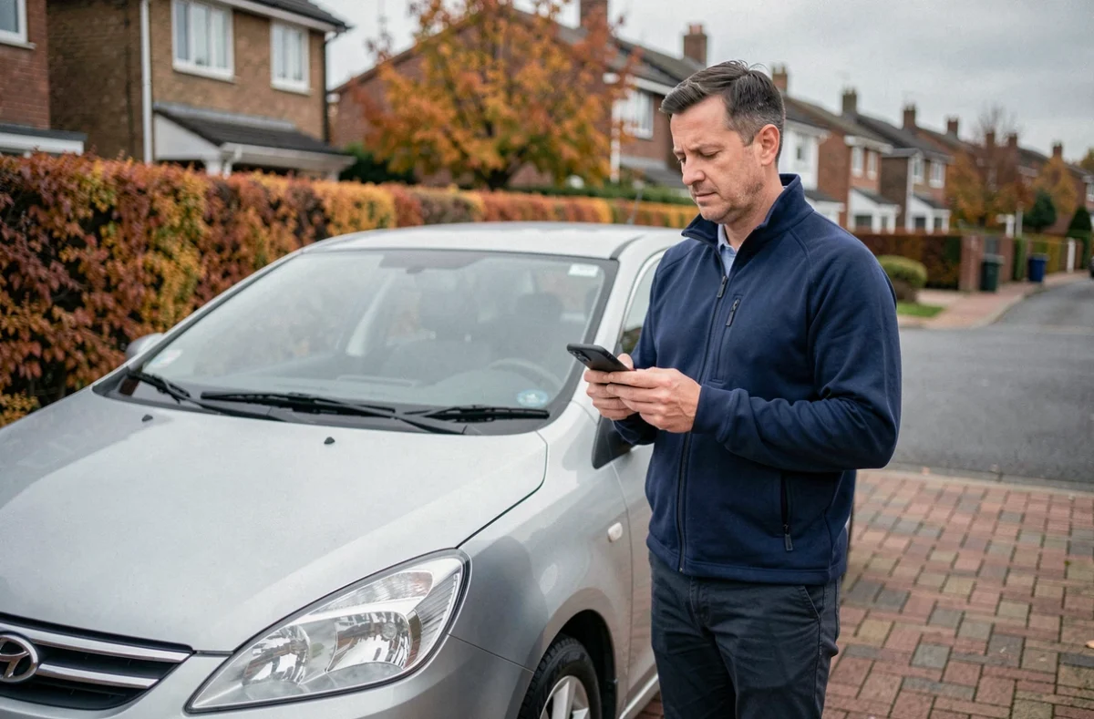 Homme utilisant une application de comparaison d'assurance voiture à côté de son véhicule dans une allée résidentielle