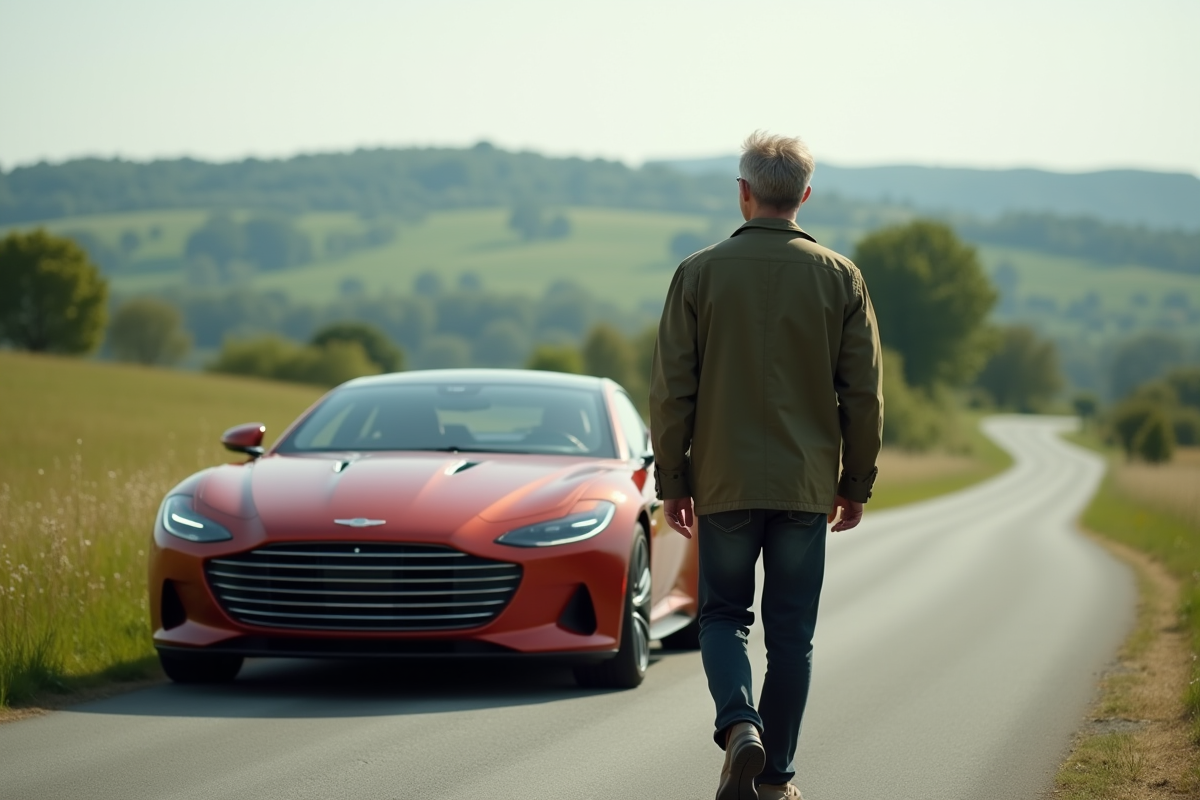 Homme marcheur avec voiture Veigaro sur route de campagne