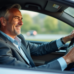 Homme d'âge moyen dans une voiture moderne souriant