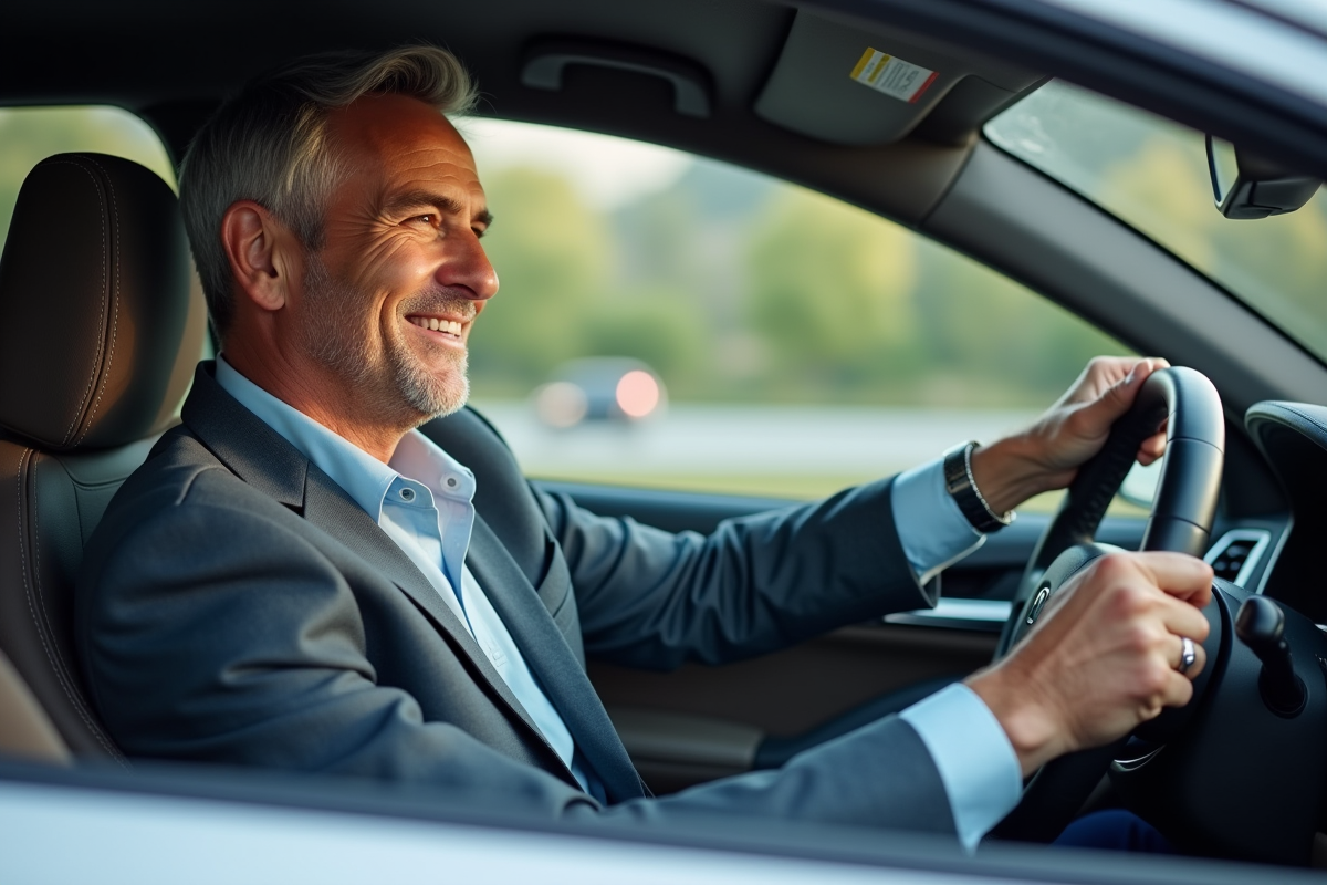 Homme d'âge moyen dans une voiture moderne souriant