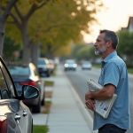 Homme d'âge moyen contemplant son SUV sur le trottoir