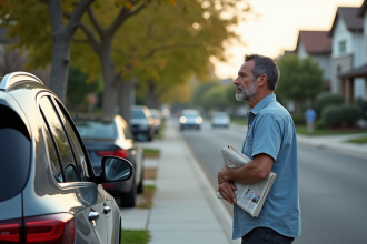 Homme d'âge moyen contemplant son SUV sur le trottoir
