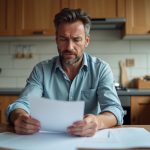 Homme d'âge moyen dans sa cuisine française examine un document