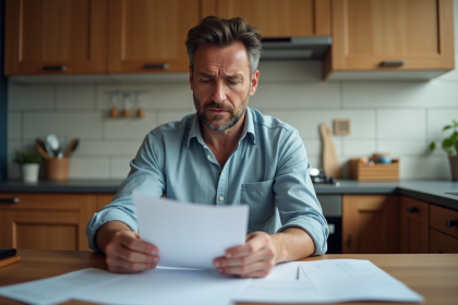 Homme d'âge moyen dans sa cuisine française examine un document