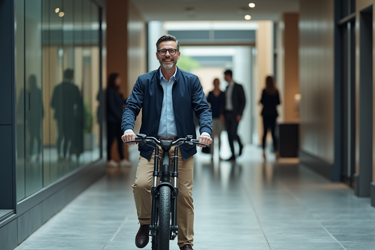 Homme d age moyen entre dans un bureau avec sa moto électrique