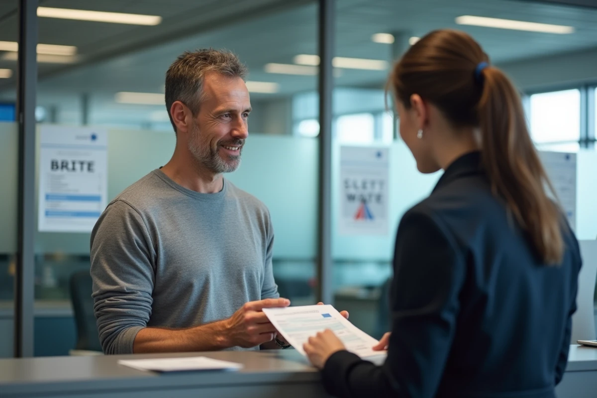 Homme remettant son permis de conduire à un guichet administratif pour vérification
