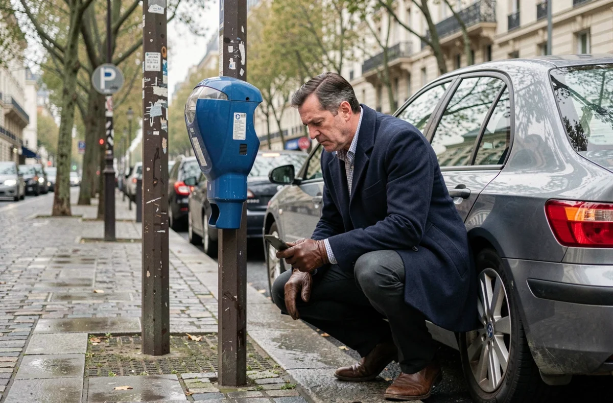 Homme consultant son smartphone près d'un horodateur de stationnement bleu dans une avenue parisienne