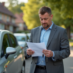 Homme inquiet avec clés de voiture et lettre officielle